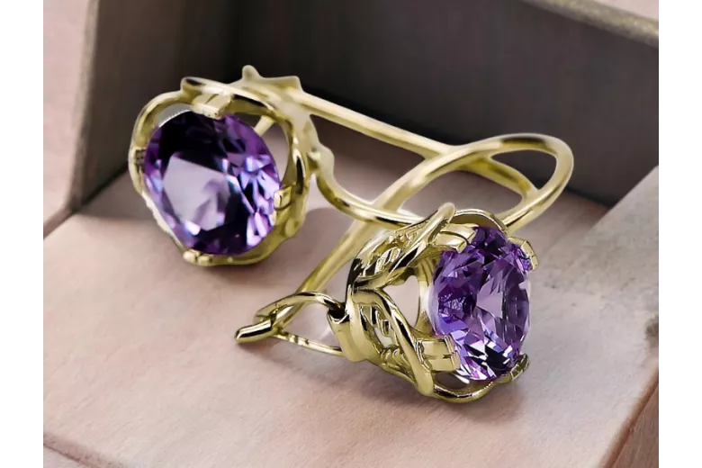 Náušnice Alexandrite 14k Yellow Gold Vec029Y Ruský Soviet Vintage štýl Art Deco