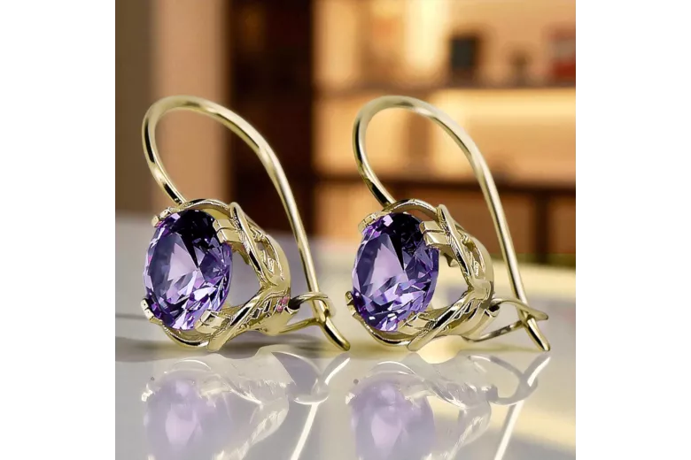 Náušnice Alexandrite 14k žluté zlato VEC029Y Ruský sovětský vintage styl Art Deco