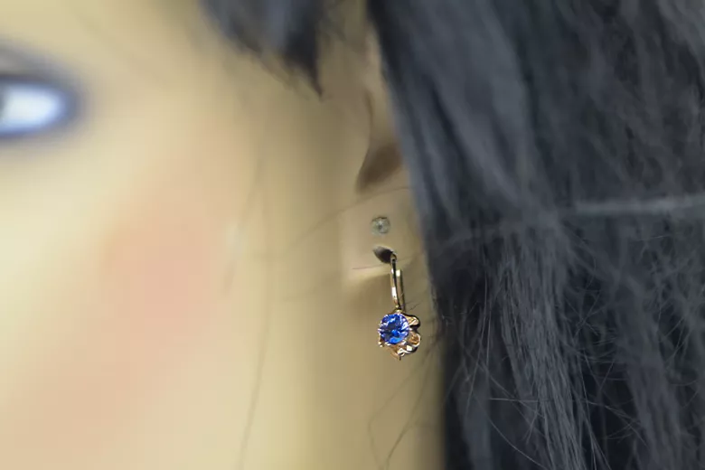 14 كارت من الذهب الأحمر الوردي 14k 583 Sapphire أقراط vec013 روسي سوفيتي الاتحاد السوفيتي مجوهرات فينتاج آرت ديكو style