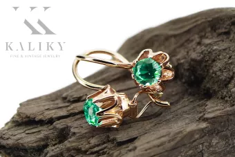 čtrnásťkaraté ružové zlato 14k 583 Emerald náušnice vec013 Russian Soviet USSR Vintage craft Art Deco style