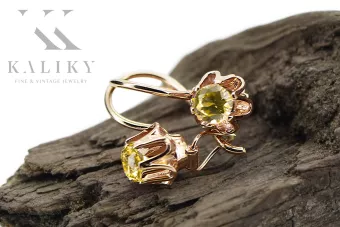 Kolczyki z 14k czerwone różowe złoto 14k 583 z Yellow Peridot vec013 ZSRR styl Vintage Biżuteria Art Deco