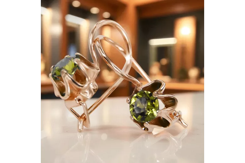 Or rose rouge 14 carats 14k 583 Yellow Peridot des boucles d'oreilles vec013 Russe Soviétique URSS Artisanat vintage Art Deco st