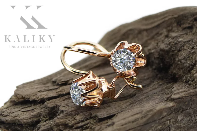 čtrnásťkaraté ružové zlato 14k 583 Zircon náušnice vec013 Russian Soviet USSR Vintage Art Deco style