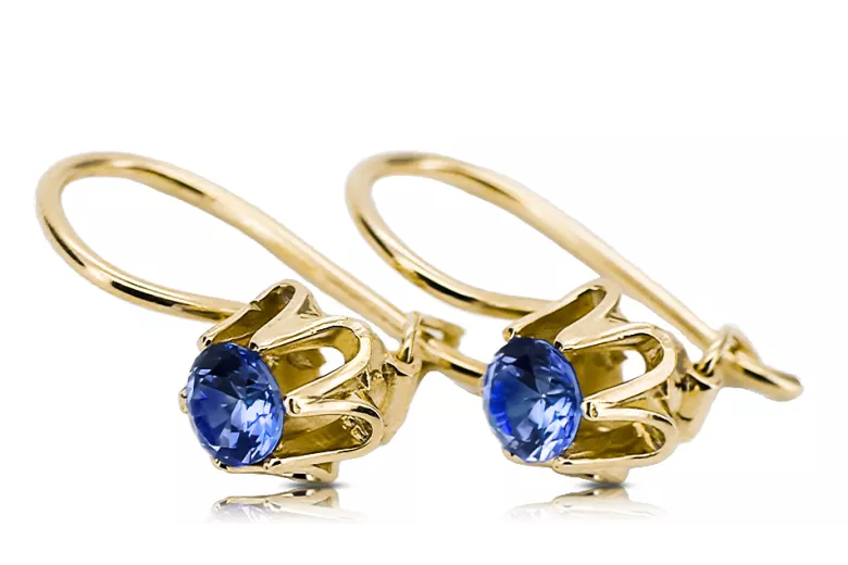 Gelb 14k Gold 14k 583 Saphhire Ohrringe Vec013Y Russischer Sowjetischer UdSSR Vintage Craft Art Deco-Stil