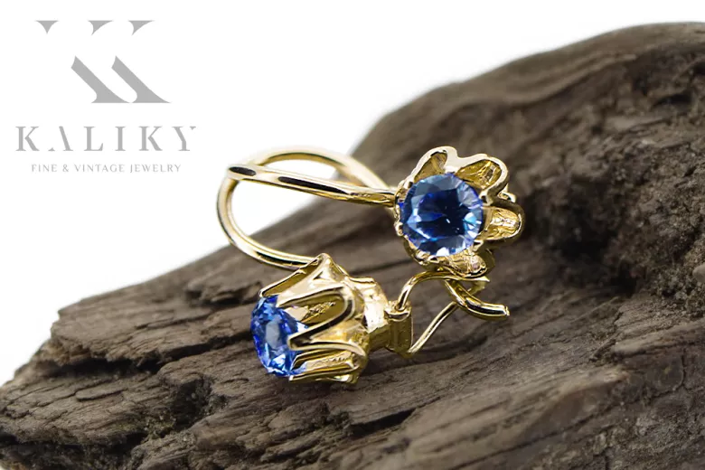 Κίτρινο 14k χρυσό 14k 583 Sapphire σκουλαρίκια VEC013Y Ρωσική σοβιετική USSR Vintage τέχνης τέχνης Art Deco στυλ