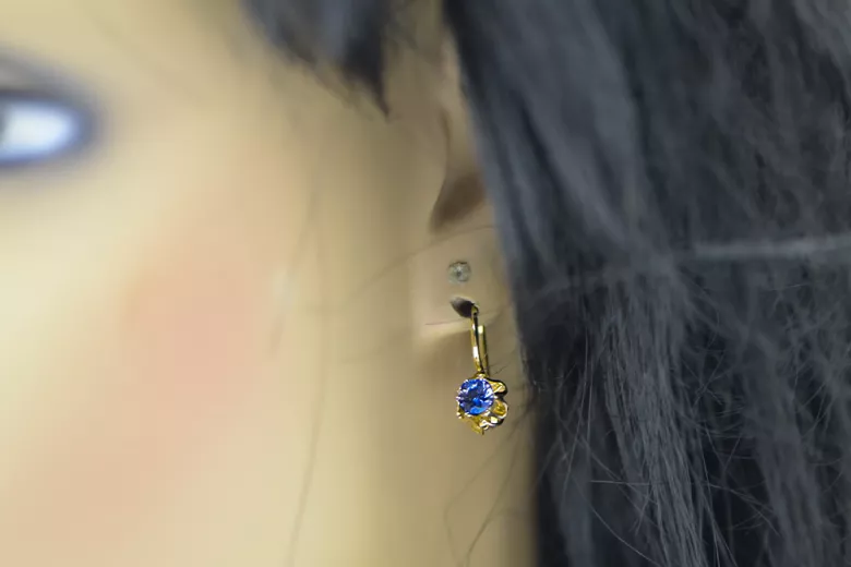 Žlutá 14k Gold 14k 583 Sapphire náušnice VEC013Y Ruský sovětský sovětský SSSR Vintage Craft Art Deco Style