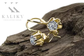 Желтый 14к Золотой 14k 583 Серьги Циркон VEC013Y Русский Советский СССР Урожай Ремесленнее Арт-Деко Стиль