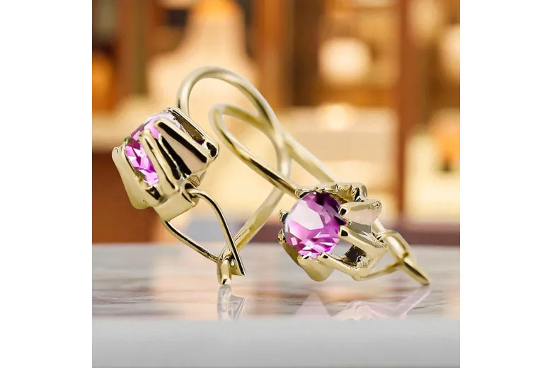 Geltona 14k Gold 14k (585) ametisst auskarai VEC053Y Rusijos sovietinis SSRS Vintage Jewlery Art Deco stilius