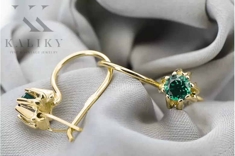 Kolczyki z 14k żółte złoto 14K (585) z Emerald vec053y Sowiecki styl Vintage Art Deco