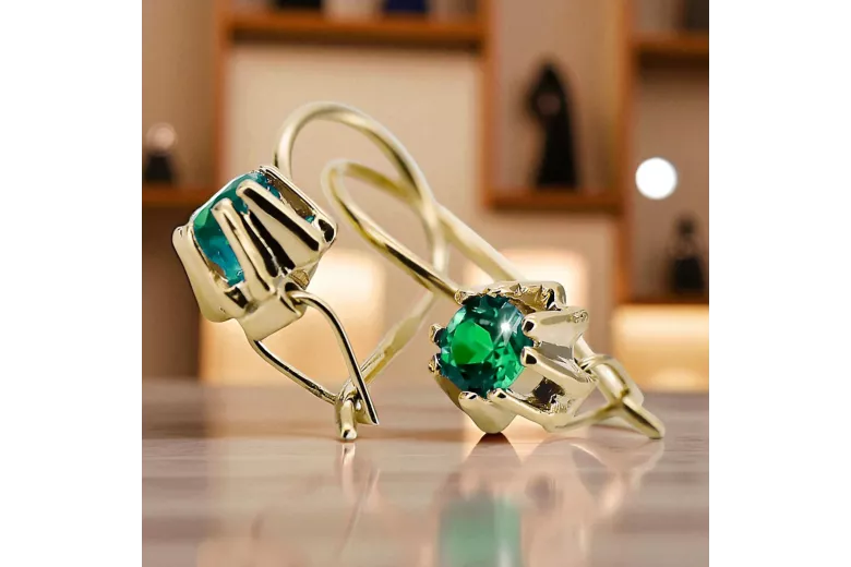 Kolczyki z 14k żółte złoto 14K (585) z Emerald vec053y Sowiecki styl Vintage Art Deco