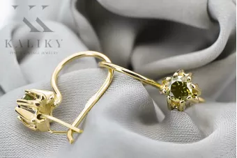 Or jaune 14 carats 14K (585) Yellow Peridot des boucles d'oreilles vec053y Russe Soviétique URSS Vintage Art Deco style