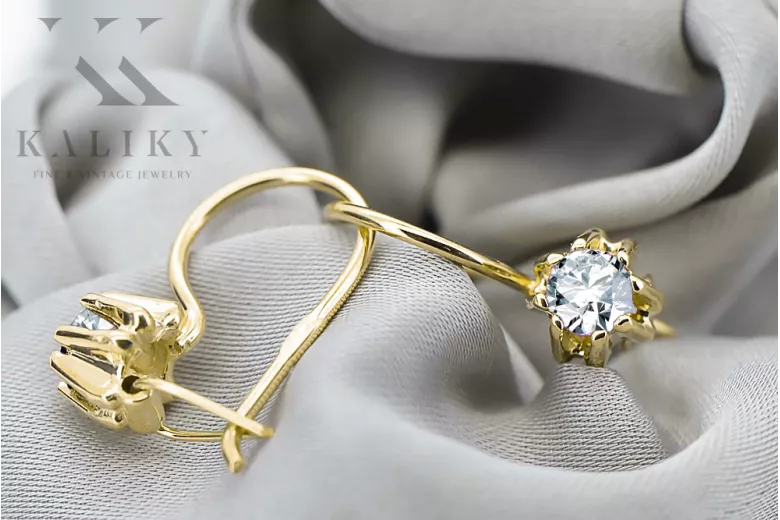 Or jaune 14 carats 14K (585) Zircon des boucles d'oreilles vec053y Russe Soviétique URSS Bijoux vintage Art Deco style