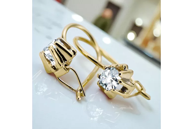 Or jaune 14 carats 14K (585) Zircon des boucles d'oreilles vec053y Russe Soviétique URSS Bijoux vintage Art Deco style