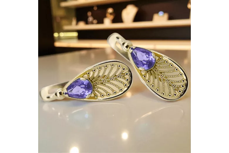 Žltá 14K Gold 14k (585) Alexandrita náušnice VEC067Y RUSKA SOVIETS ZSSR Vintage Art Deco Style
