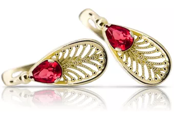 14 كارت من الذهب الأصفر 14K (585) Ruby أقراط vec067y روسي سوفيتي الاتحاد السوفيتي أسلوب فينتاج آرت ديكو style