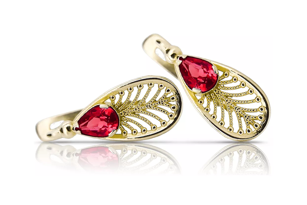 Or jaune 14 carats 14K (585) Ruby des boucles d'oreilles vec067y Russe Soviétique URSS Artisanat vintage Art Deco style