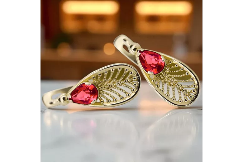 14k geltonas auksas 14K (585) Ruby auskarai vec067y Rusų Tarybinis TSRS Vintažinis stilius Art Deco style