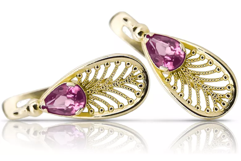 Kolczyki z 14k żółte złoto 14K (585) z Ametystem vec067y Rosyjski styl Vintage unikatowe Art Deco
