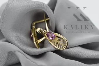 Or jaune 14 carats 14K (585) Amethyst des boucles d'oreilles vec067y Russe Soviétique URSS Vintage Art Deco style