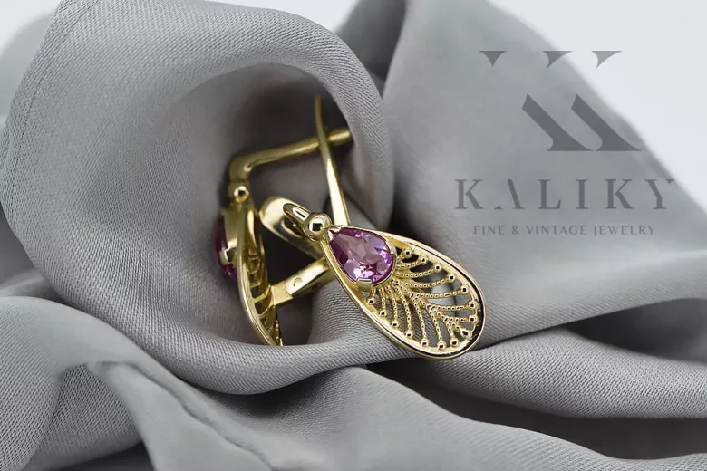 Oro amarillo de 14 quilates 14K (585) Amethyst pendientes vec067y Ruso Soviético URSS Artesanía vintage Art Deco style