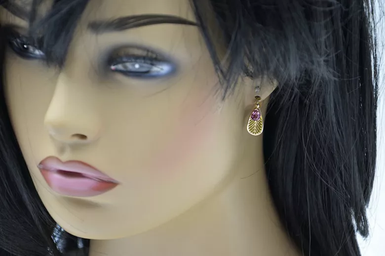 Or jaune 14 carats 14K (585) Amethyst des boucles d'oreilles vec067y Russe Soviétique URSS Vintage Art Deco style