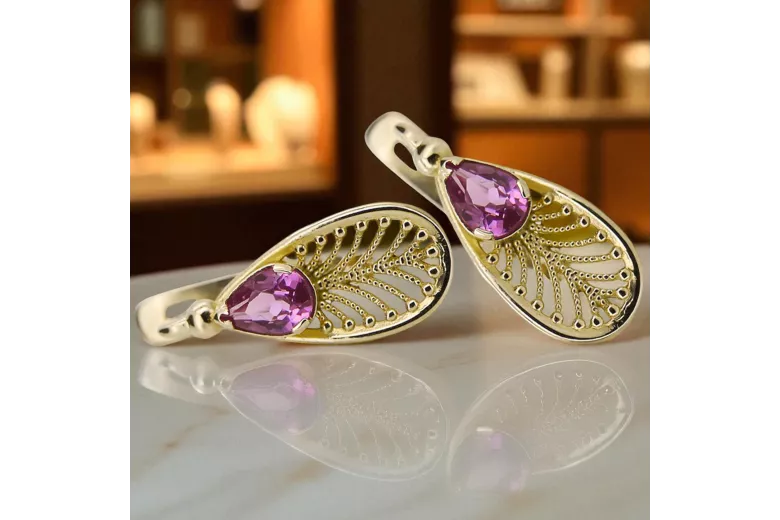 Kolczyki z 14k żółte złoto 14K (585) z Ametystem vec067y Rosyjski styl Vintage unikatowe Art Deco