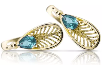 Oro amarillo de 14 quilates 14K (585) Aquamarine pendientes vec067y Ruso Soviético URSS Artesanía vintage Art Deco style