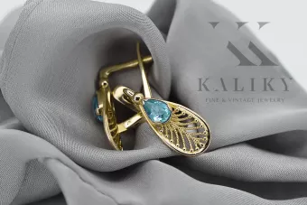 14 كارت من الذهب الأصفر 14K (585) Aquamarine أقراط vec067y روسي سوفيتي الاتحاد السوفيتي مجوهرات فينتاج آرت ديكو style
