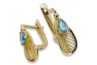 Oro amarillo de 14 quilates 14K (585) Aquamarine pendientes vec067y Ruso Soviético URSS Artesanía vintage Art Deco style