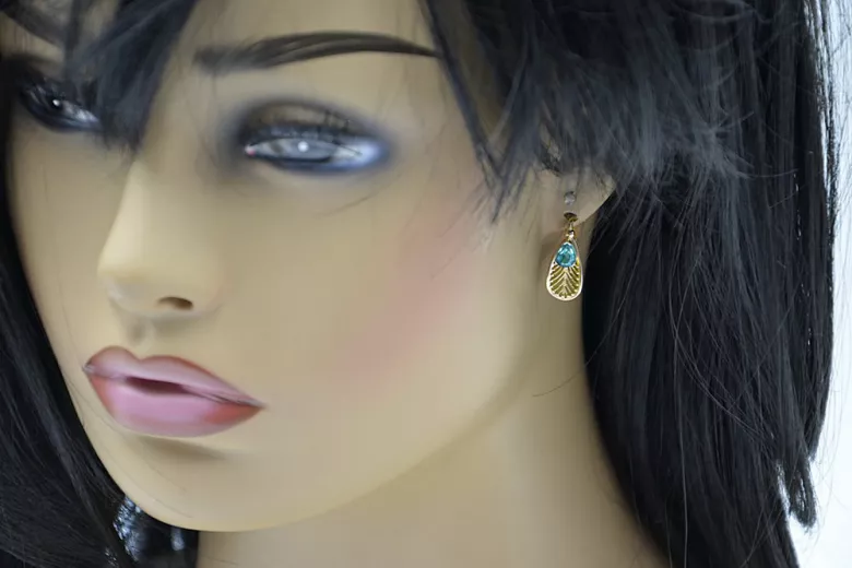 Oro amarillo de 14 quilates 14K (585) Aquamarine pendientes vec067y Ruso Soviético URSS Artesanía vintage Art Deco style