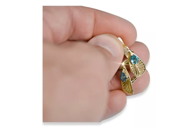 Oro amarillo de 14 quilates 14K (585) Aquamarine pendientes vec067y Ruso Soviético URSS Artesanía vintage Art Deco style