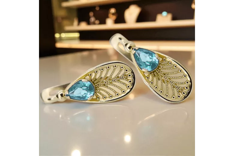 Kolczyki z 14k żółte złoto 14K (585) z Akwamarynem vec067y Rosyjski styl Vintage Biżuteria Art Deco