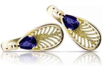 Aur galben 14K 14K (585) Sapphire cercei vec067y Rusesc Sovietic URSS Vintage Craft Art Deco style