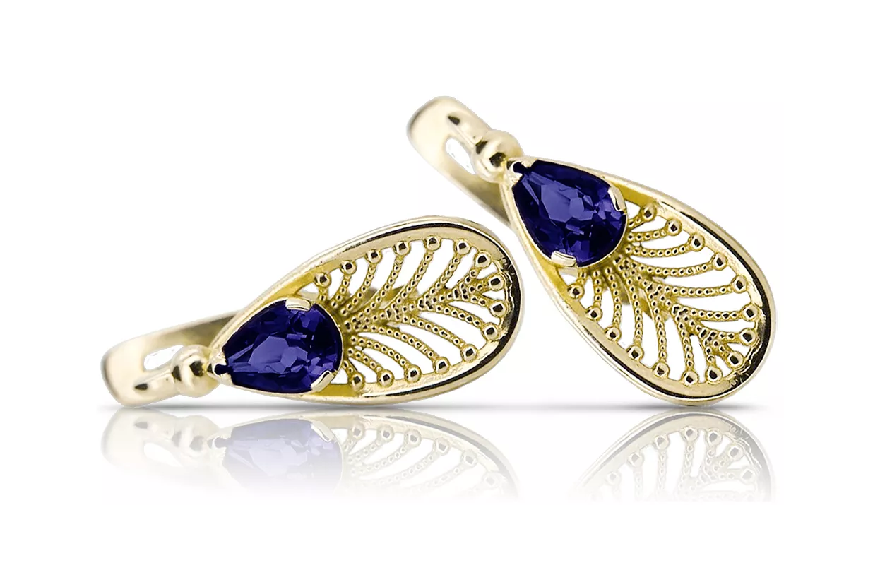 14k κίτρινο χρυσό 14K (585) Sapphire Σκουλαρίκια vec067y Russian Soviet USSR Vintage craft Art Deco style