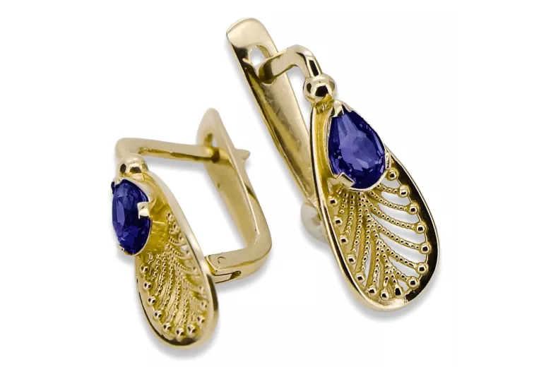 Aur galben 14K 14K (585) Sapphire cercei vec067y Rusesc Sovietic URSS Vintage Craft Art Deco style