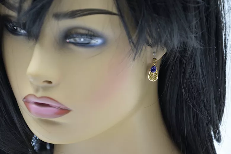 Or jaune 14 carats 14K (585) Sapphire des boucles d'oreilles vec067y Russe Soviétique URSS Style vintage Art Deco style