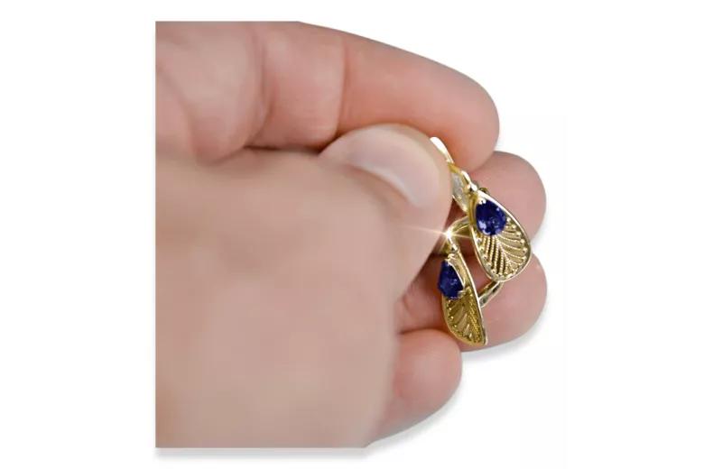 Aur galben 14K 14K (585) Sapphire cercei vec067y Rusesc Sovietic URSS Vintage Craft Art Deco style