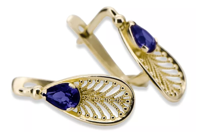 Or jaune 14 carats 14K (585) Sapphire des boucles d'oreilles vec067y Russe Soviétique URSS Style vintage Art Deco style