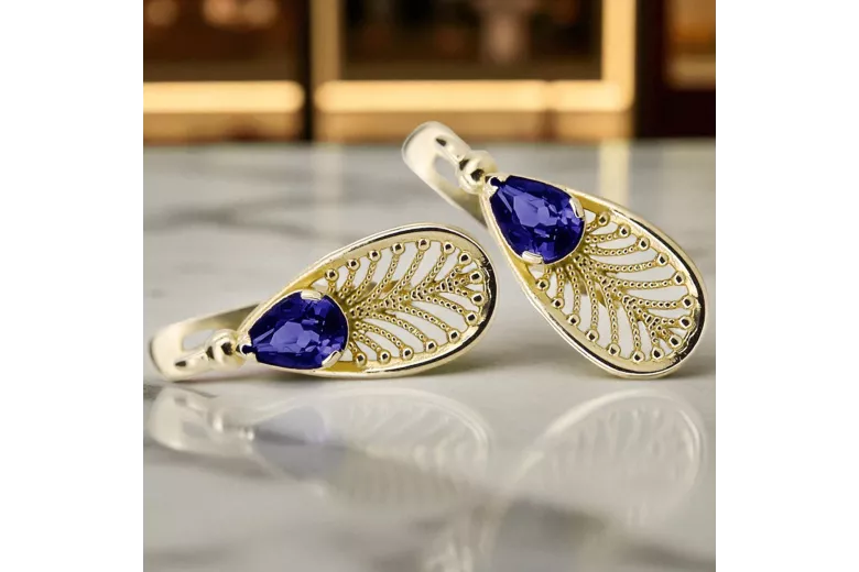 Aur galben 14K 14K (585) Sapphire cercei vec067y Rusesc Sovietic URSS Vintage Craft Art Deco style