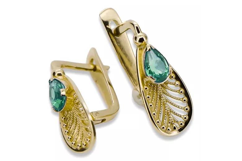 14K жълто злато 14K (585) Emerald Обеци vec067y Руски Съветски СССР Винтидж стил Ар-деко style
