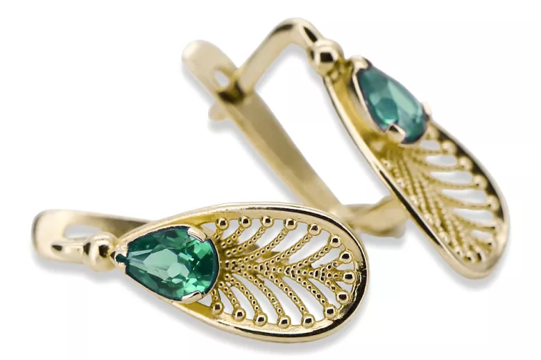 14K жълто злато 14K (585) Emerald Обеци vec067y Руски Съветски СССР Винтидж стил Ар-деко style