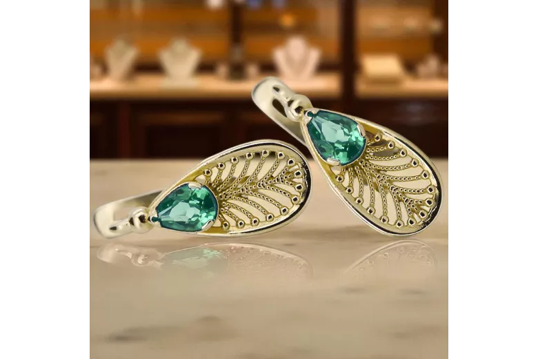 Aur galben 14K 14K (585) Emerald cercei vec067y Rusesc Sovietic URSS Stil Vintage Art Deco style