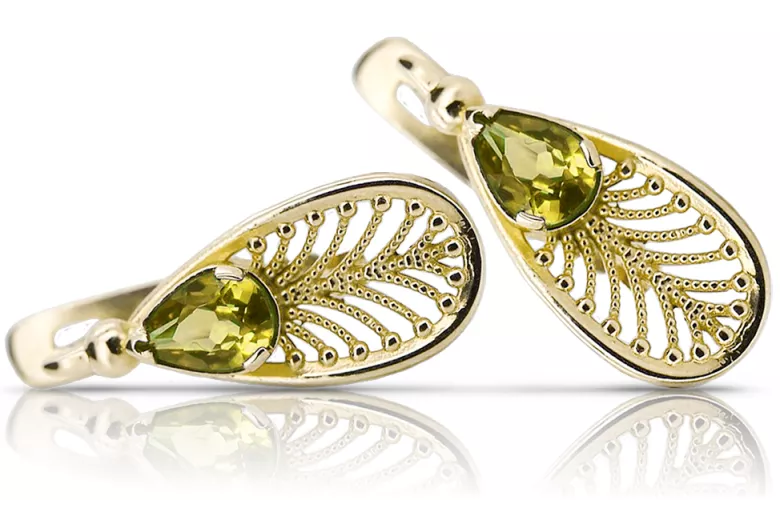 Oro amarillo de 14 quilates 14K (585) Yellow Peridot pendientes vec067y Ruso Soviético URSS Artesanía vintage Art Deco style