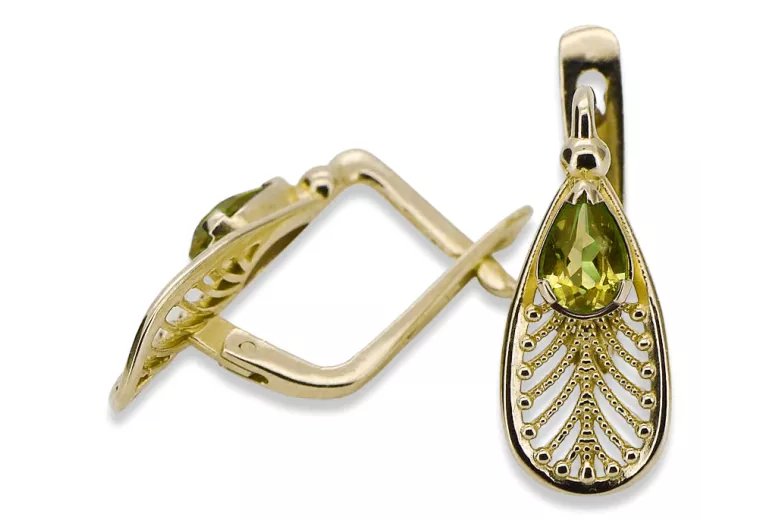 Or jaune 14 carats 14K (585) Yellow Peridot des boucles d'oreilles vec067y Russe Soviétique URSS Bijoux vintage Art Deco style