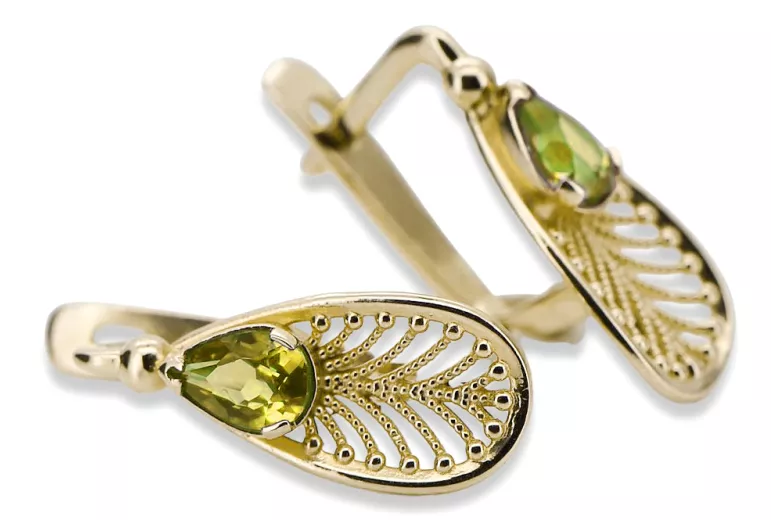 Oro amarillo de 14 quilates 14K (585) Yellow Peridot pendientes vec067y Ruso Soviético URSS Artesanía vintage Art Deco style