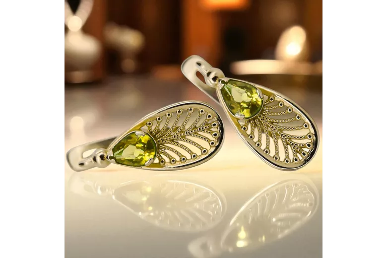 14K жълто злато 14K (585) Yellow Peridot Обеци vec067y Руски Съветски СССР Винтидж крафт Ар-деко style