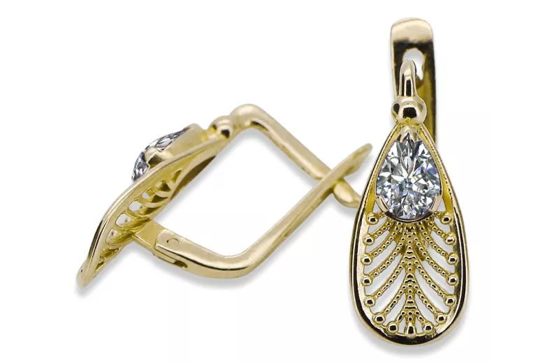 Or jaune 14 carats 14K (585) Zircon des boucles d'oreilles vec067y Russe Soviétique URSS Vintage Art Deco style