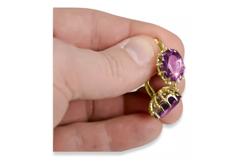 Žlutá 14k Gold 14k (585) Amethyst náušnice VEC079Y Ruský sovětský SSSR Vintage Jewlery art deco styl
