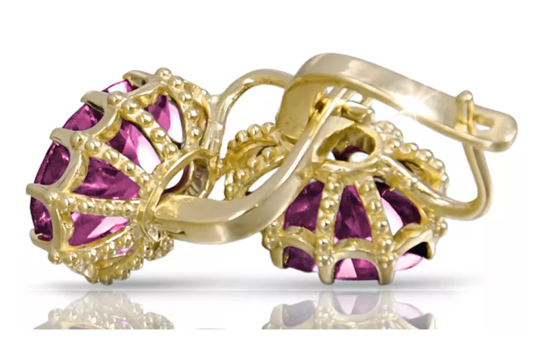 Žlutá 14k Gold 14k (585) Amethyst náušnice VEC079Y Ruský sovětský SSSR Vintage Jewlery art deco styl