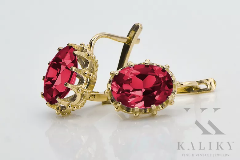14 كارت من الذهب الأصفر 14K (585) Ruby أقراط vec079y روسي سوفيتي الاتحاد السوفيتي فينتاج آرت ديكو style